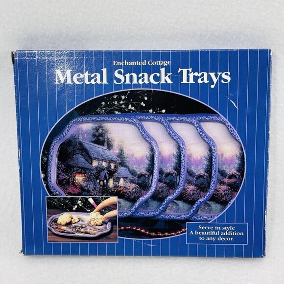 Vintage Giftco Metal Snack Tray Thomas Kinkade Enchanted Cottage Set 4 Serving - Picture 3 of 9